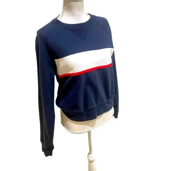 John Galt California navy cotton blend sweatshirt red ivory stripe medium - Picture 3 of 10